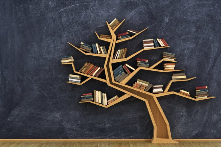 Schülerfrage: Welche Fächer sind wichtig? Bücherregal in Form eines Baumes, das vor einer Tafel steht