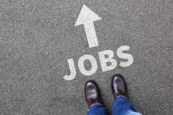 Duales Studium Studienplatzboerse Mann steht auf Straße, vor ihm auf dem Asphalt ist ein Job-Wegweiser