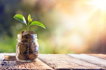 Kosten und Studienfinanzierung Pflanze wächst aus Geldmünzen, die in Glas gesammelt wurden