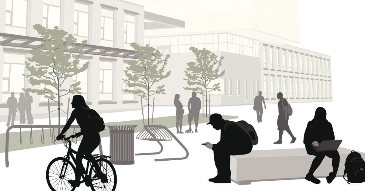 Grafik, in der Studenten vor einem Hochschulgebäude draußen auf dem Campus sitzen